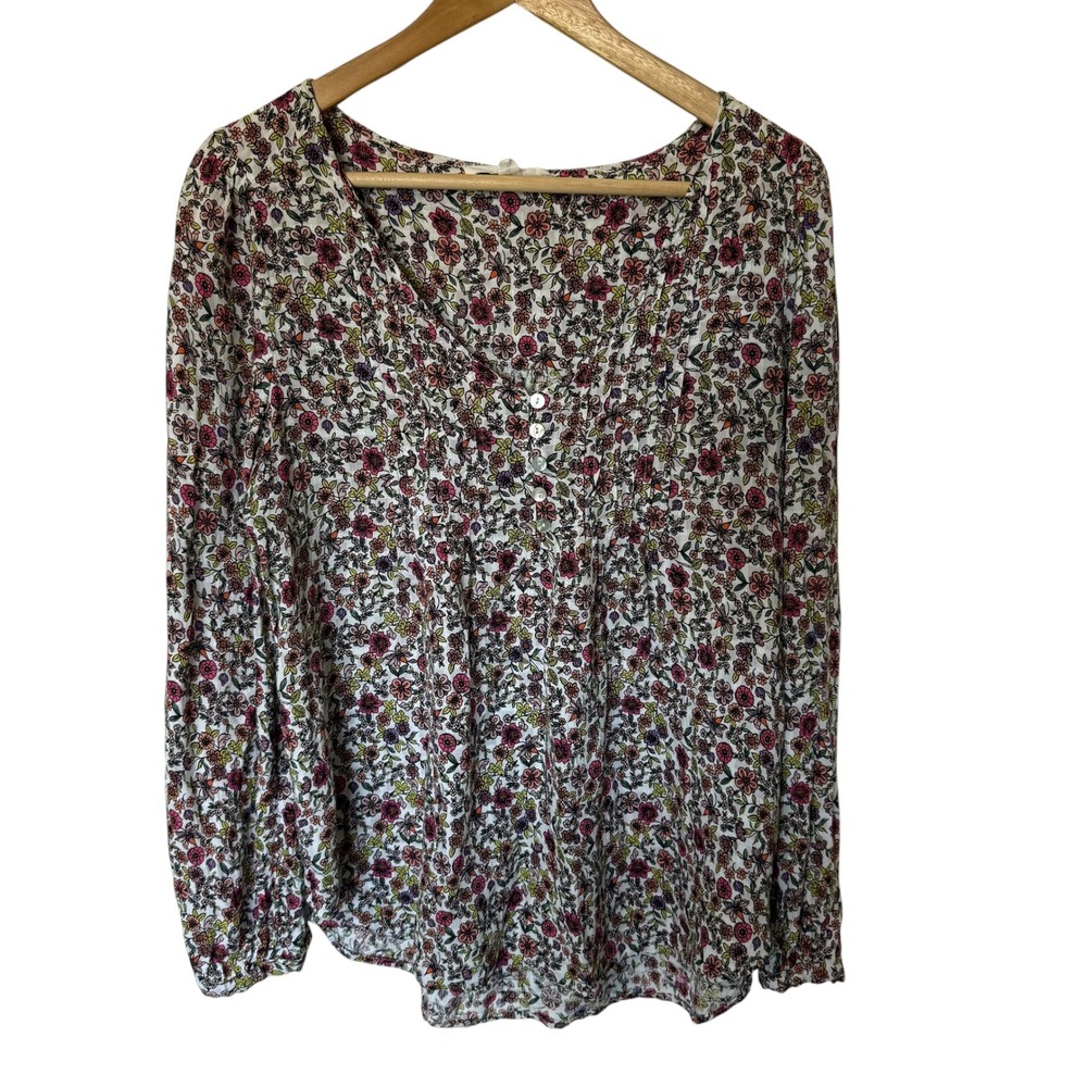 Jane + Delancey Blouse Womens Medium White Floral Excellent Pintuck Boho Rayon